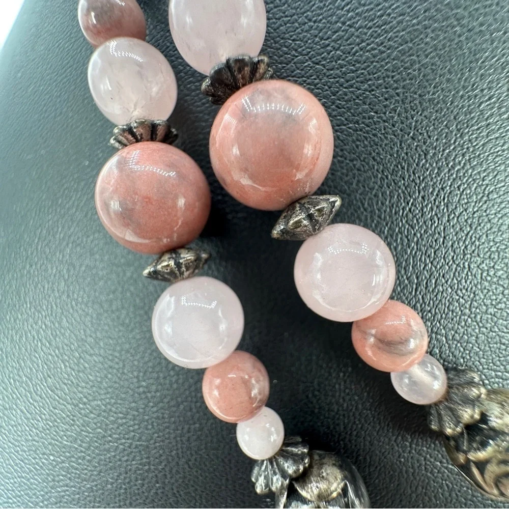 Pink Stone & Quartz Beaded Necklace Two Layer Silver-tone Bead Rose Spacers 18”